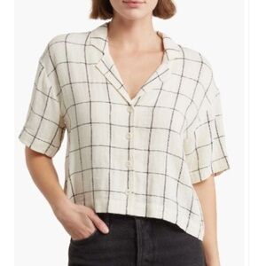 Madewell Windowpane Linen Blend Crop Resort Shirt Women XS Antique Cream